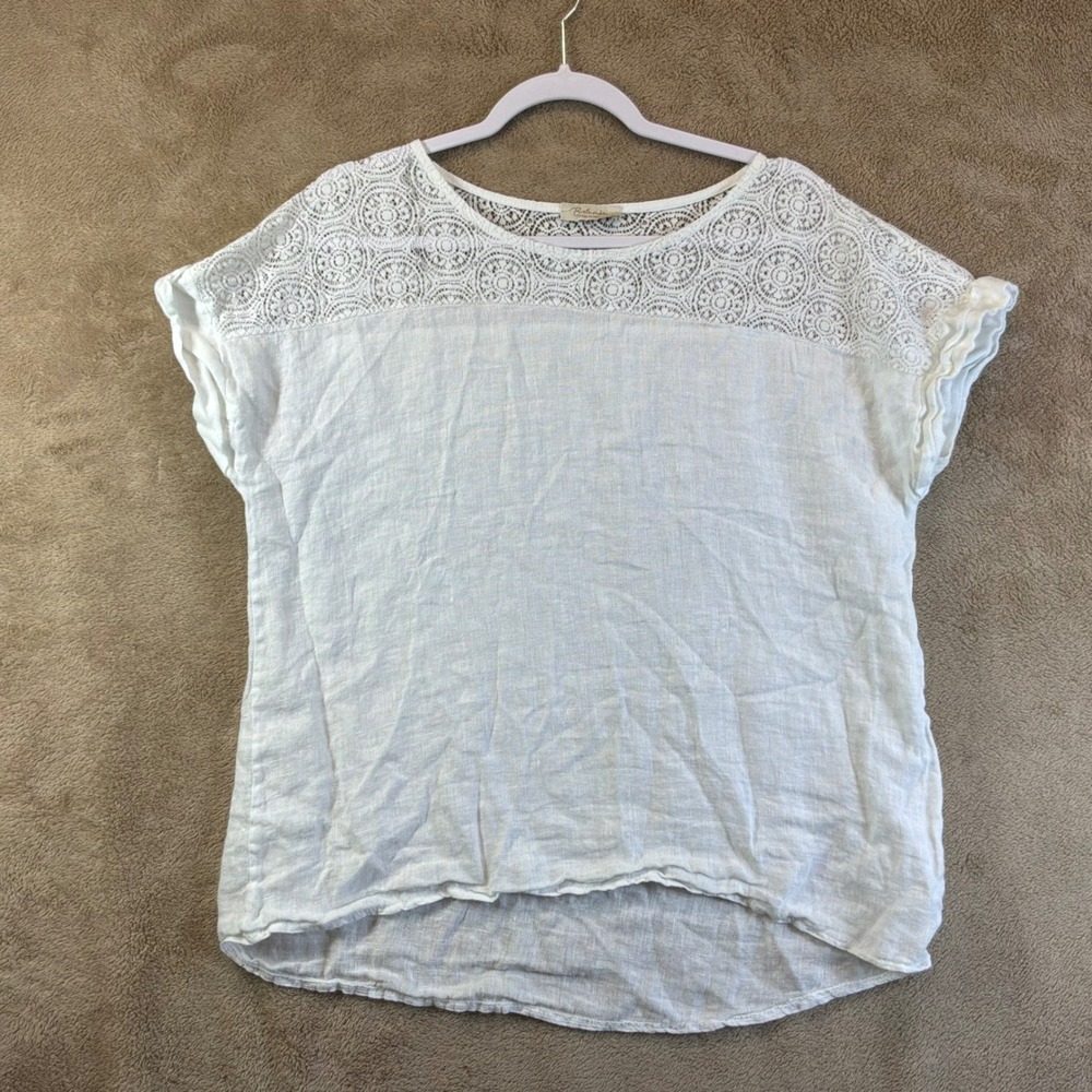Bellambra Italy 100% Linen Top L Crochet Lace Yoke Cap Sleeve Beach Travel EUC